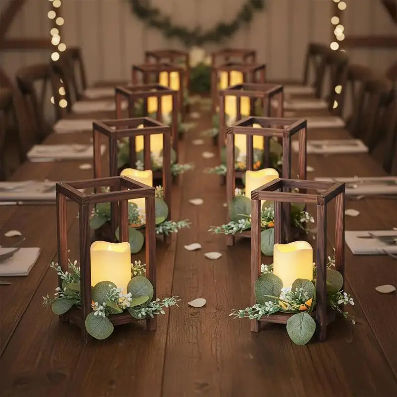 Lot de 12 Lanternes Rustiques Bois & Eucalyptus avec Bougies LED