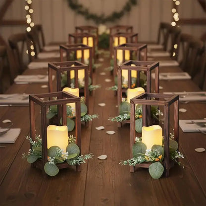 Lot de 12 Lanternes Rustiques Bois & Eucalyptus avec Bougies LED
