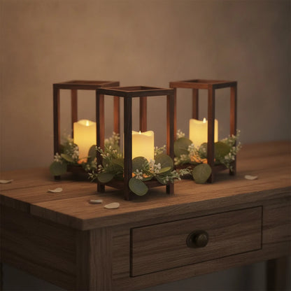 Lot de 12 Lanternes Rustiques Bois & Eucalyptus avec Bougies LED