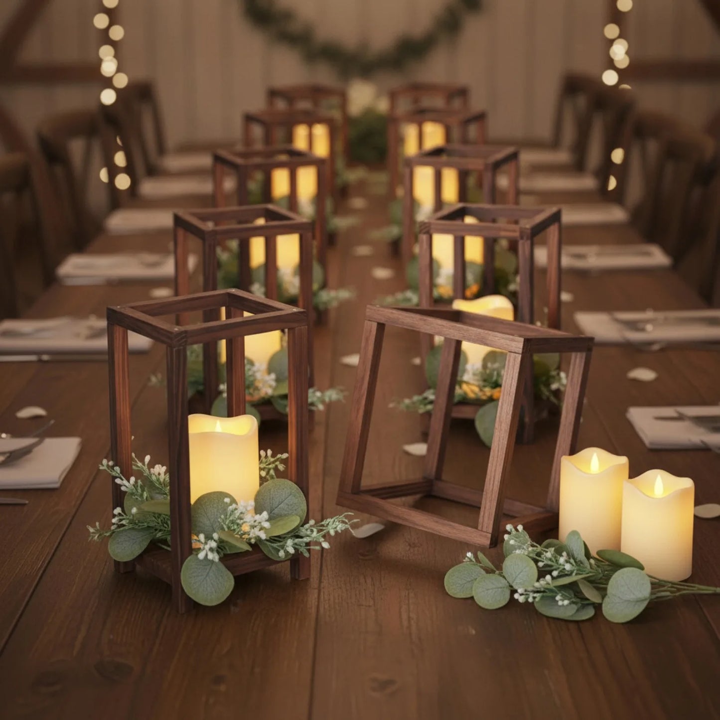 Lot de 12 Lanternes Rustiques Bois & Eucalyptus avec Bougies LED