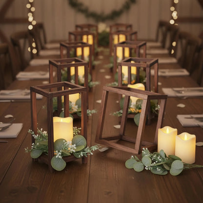 Lot de 12 Lanternes Rustiques Bois & Eucalyptus avec Bougies LED