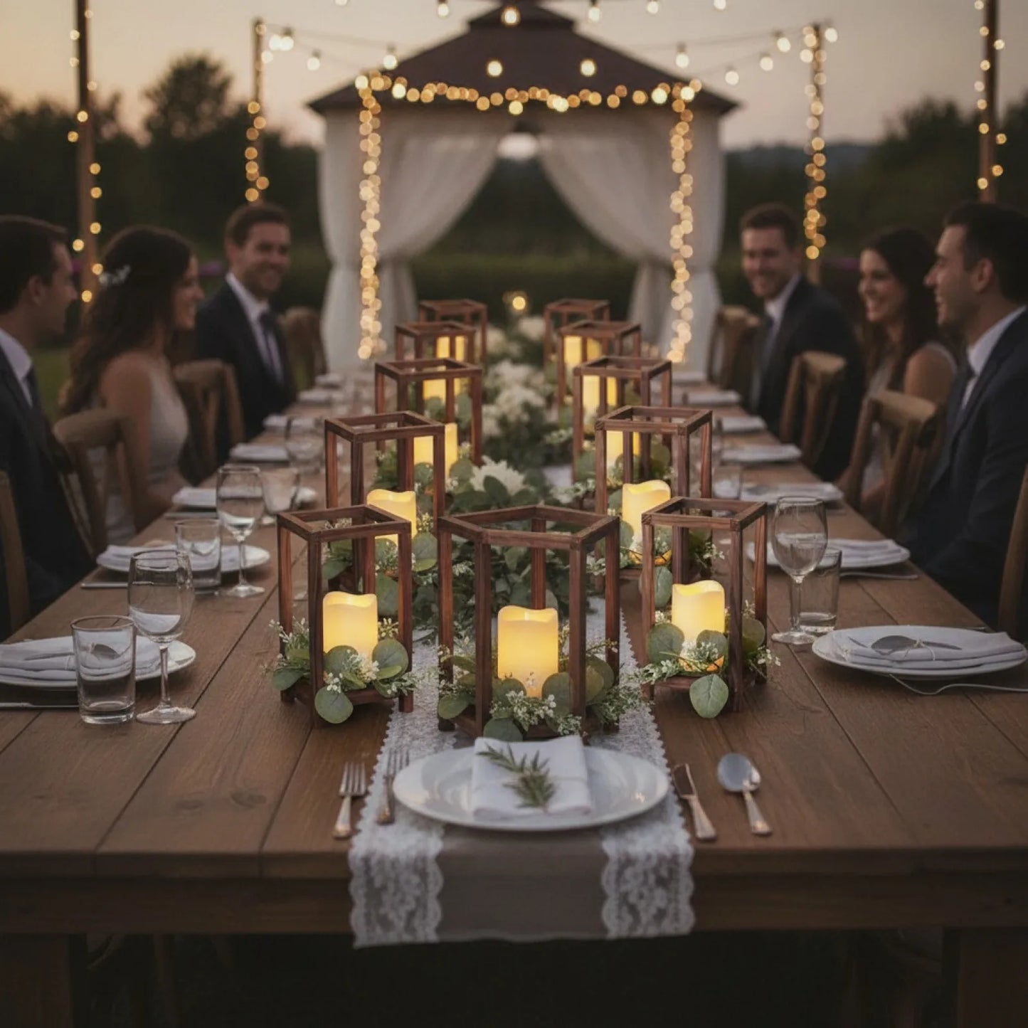 Lot de 12 Lanternes Rustiques Bois & Eucalyptus avec Bougies LED