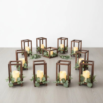 Lot de 12 Lanternes Rustiques Bois & Eucalyptus avec Bougies LED
